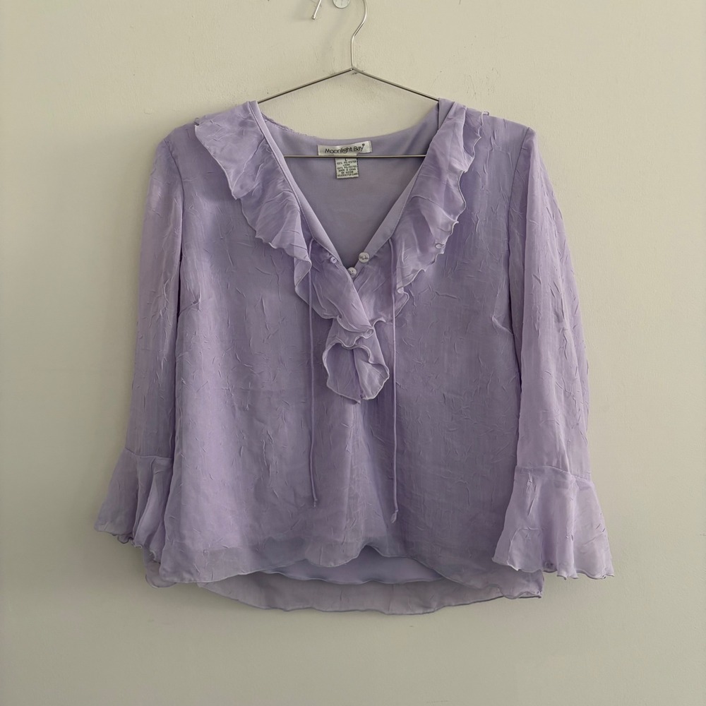 Moonlight Bay Lavender Ruffle V-Neck Blouse Purple Textured Bell Sleeve Large